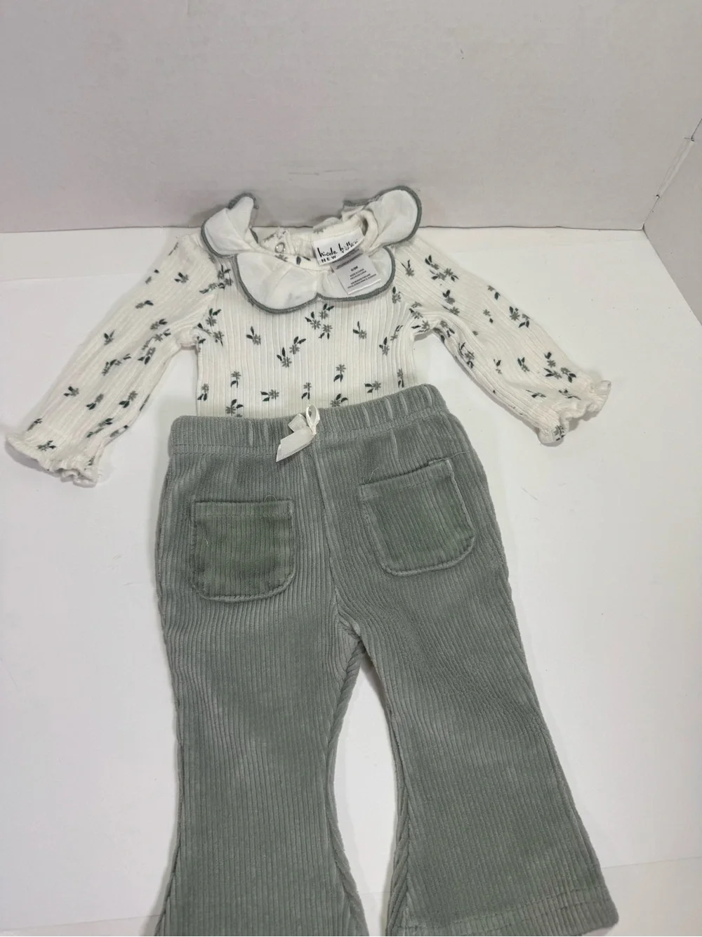Nicole Miller NY Floral Ruffled Collar Bodysuit with Sage Corduroy Pants -